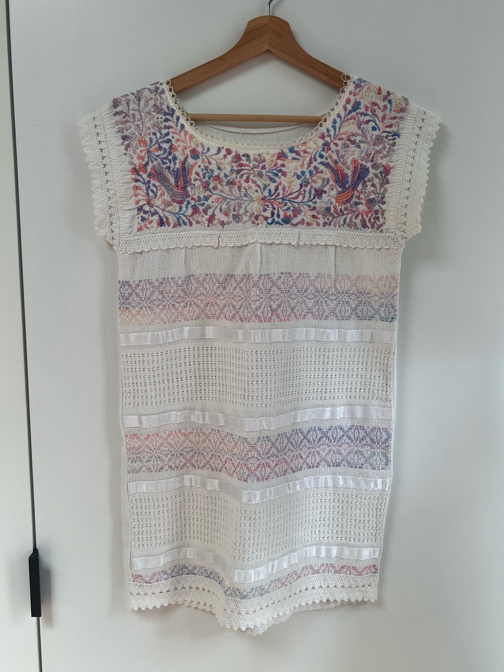 White Embroidered Boho handmade folk art Dress— Multicolor Floral Stitching